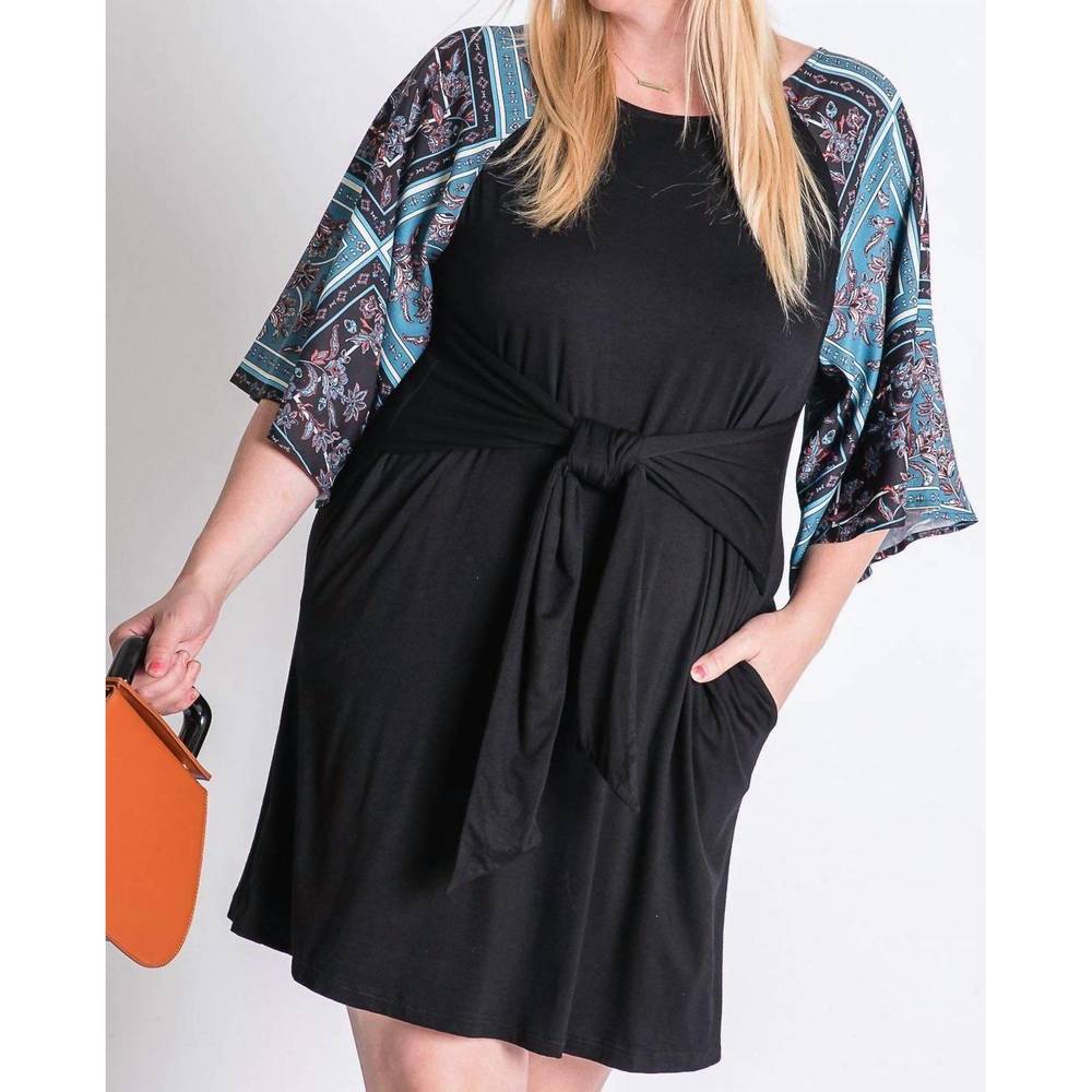 NEW DAVI & DANI boho contrast tie front dress - plus in black